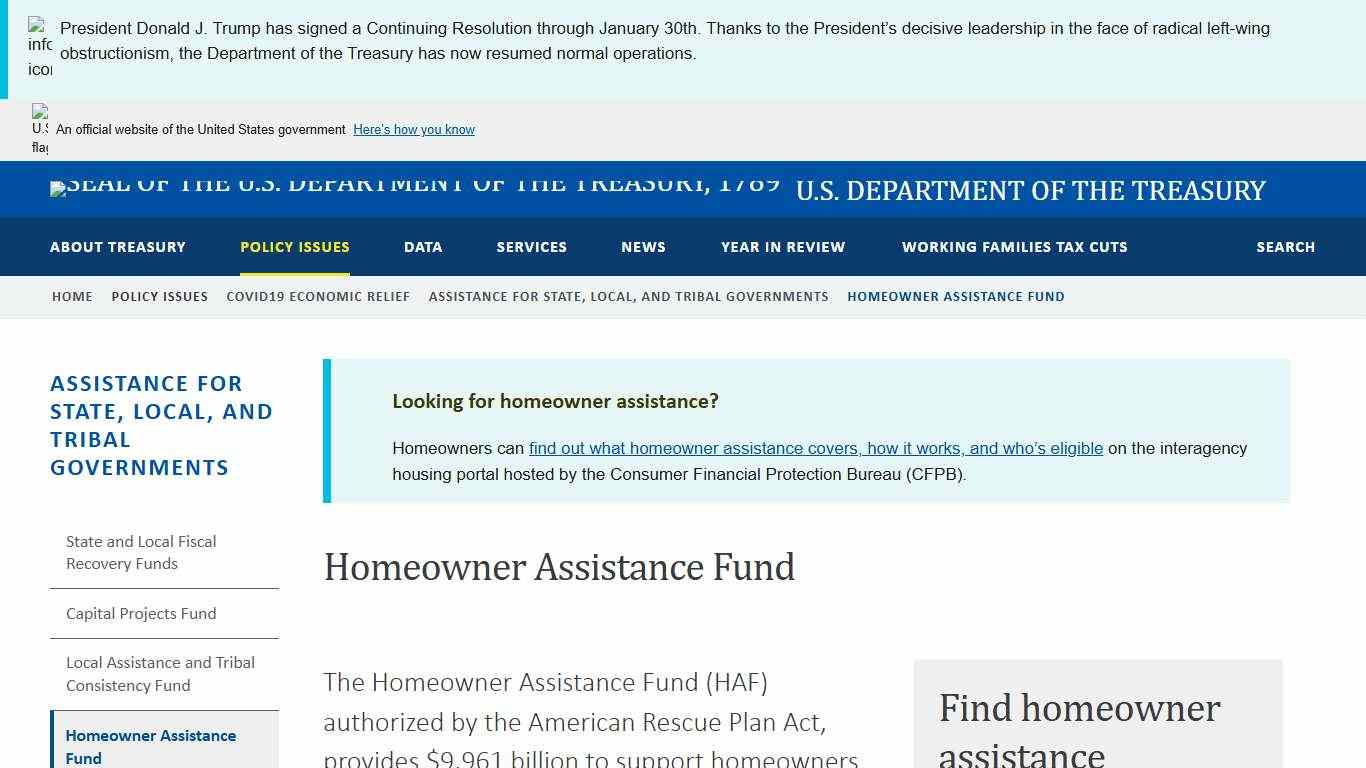 Homeowner Assistance Fund | U.S. Department of the Treasury